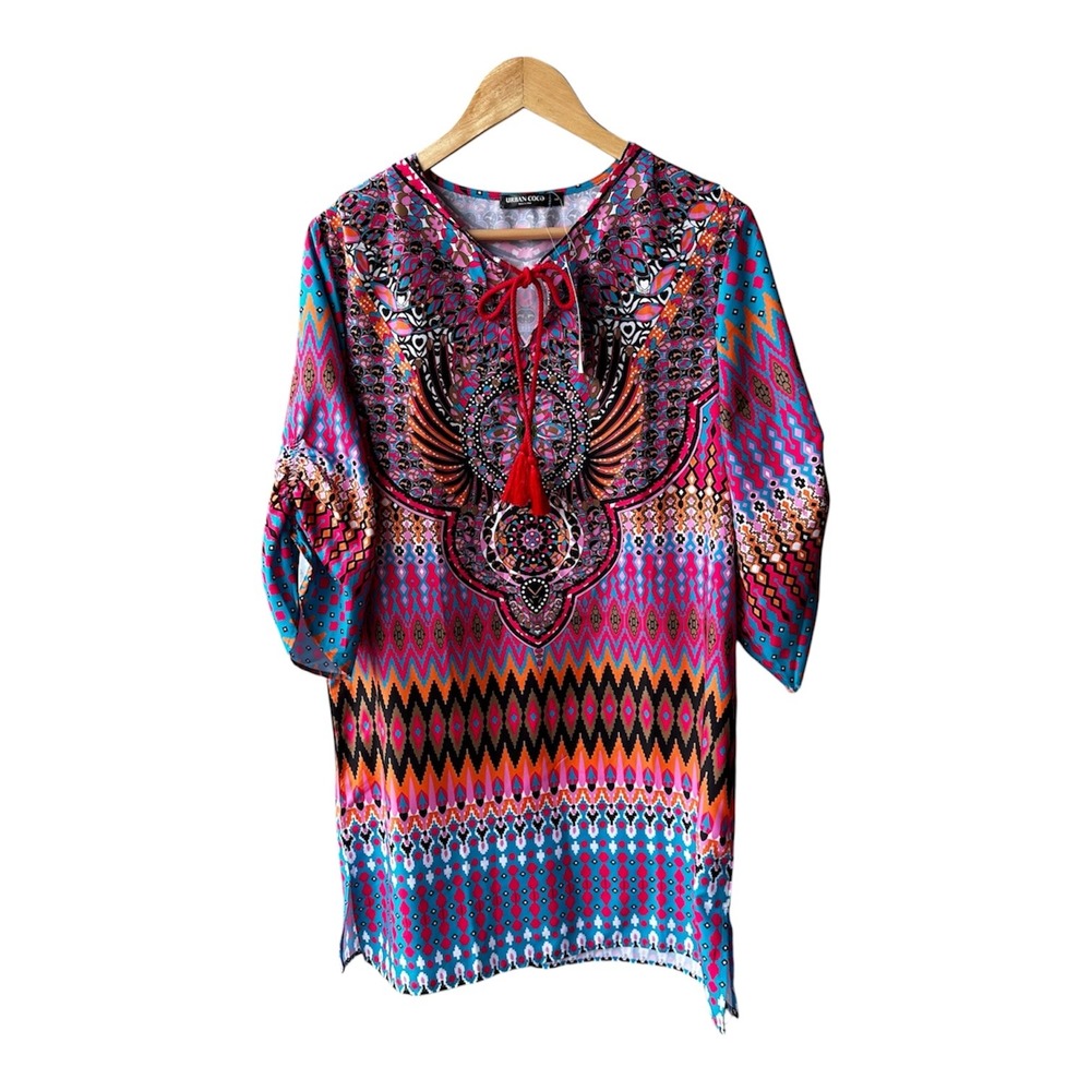Urban Coco Dress Tunic Top Boho Geometric Tassel Tie Pink Blue Hippie Large New